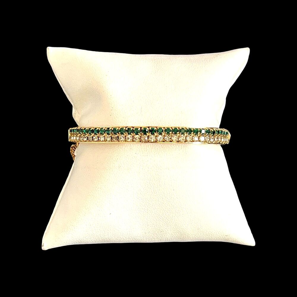 Vintage 1960s Hinged Clamper Bracelet Green & Clear Rhinestone  Gold Tone - 15E